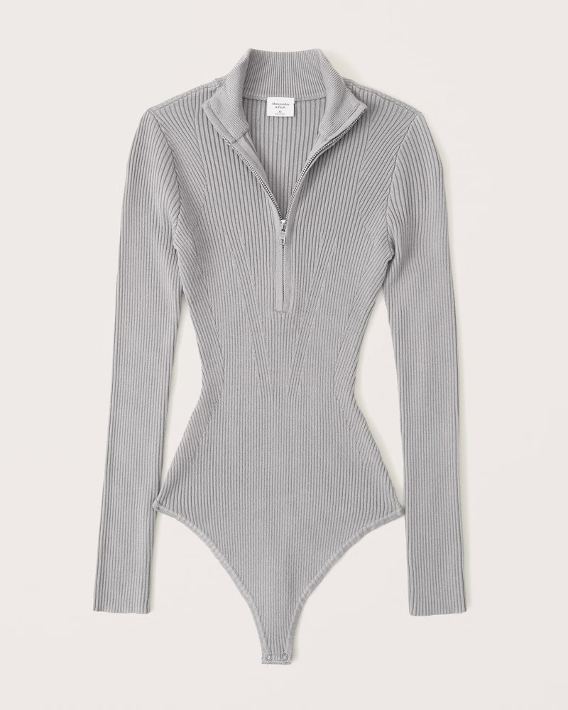 Abercrombie & Fitch Women's Elevated Knit Half-Zip Bodysuit in Grey - Size L | Abercrombie & Fitch (US)