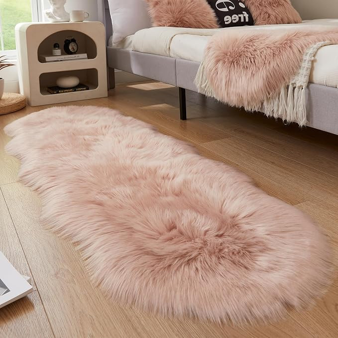 AMTOVO Faux Sheepskin Rug, Pink Ultra Soft Fluffy Shag Area Rug, 2 x 6 ft Faux Fur Rug for Bedroo... | Amazon (US)