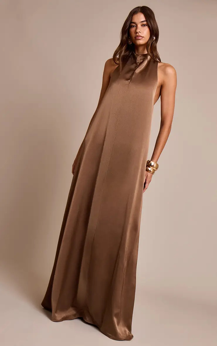 Chocolate Satin High Neck Scoop Extreme Low Back Maxi Dress | PrettyLittleThing UK
