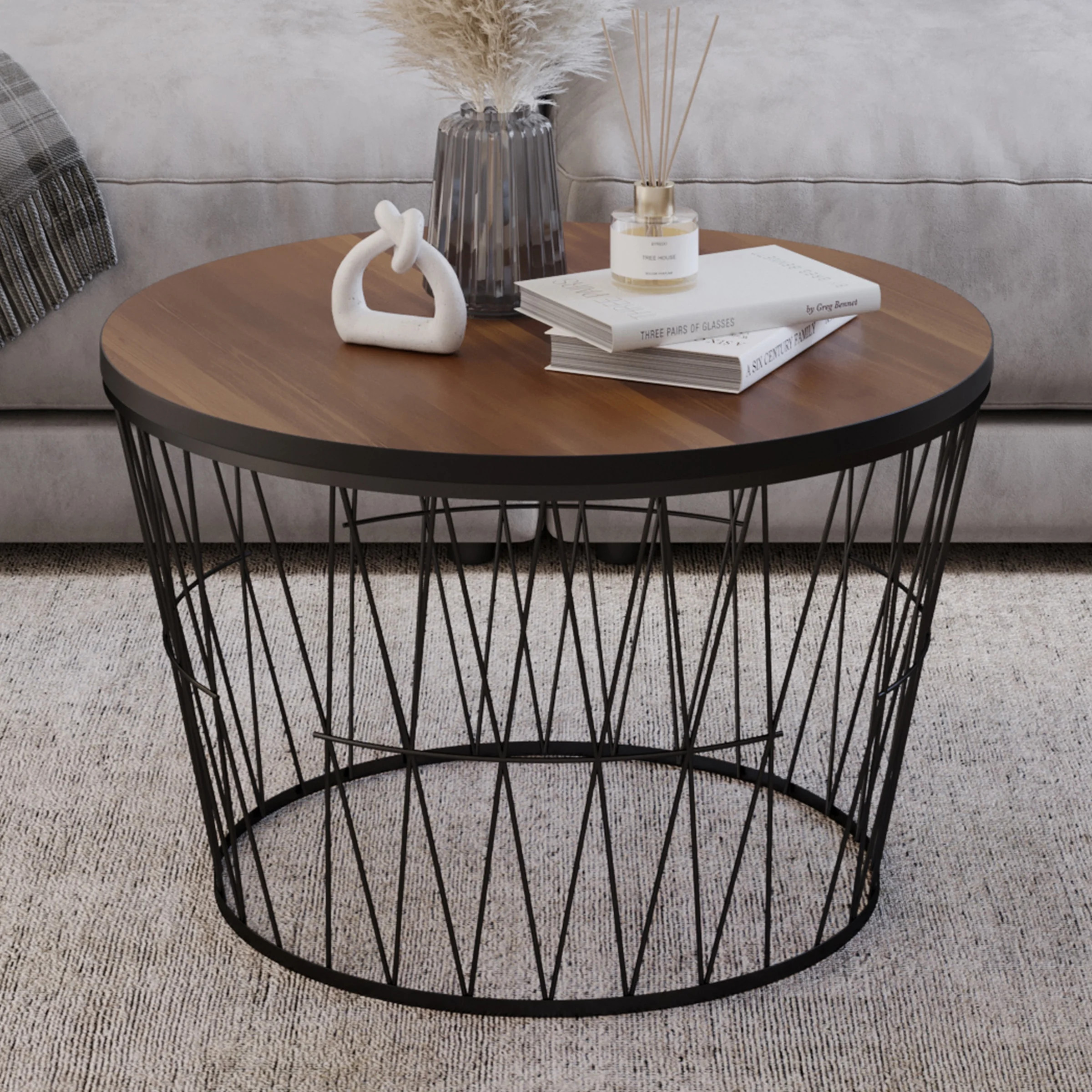 Lavish Home Round Coffee Table with Geometric Metal Base, Brown/Black | Walmart (US)