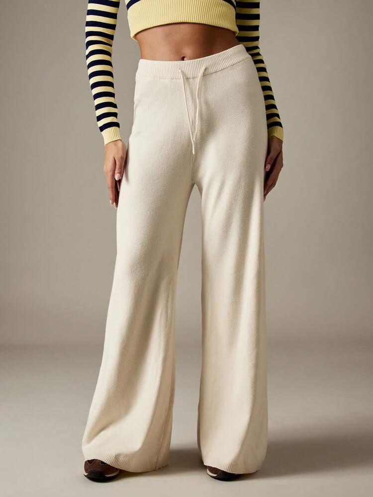 MISSGUIDED Women's Knitted Wide Leg Palazzo Trousers With Drawstring Waist Fall Winter Casual Pants | SHEIN