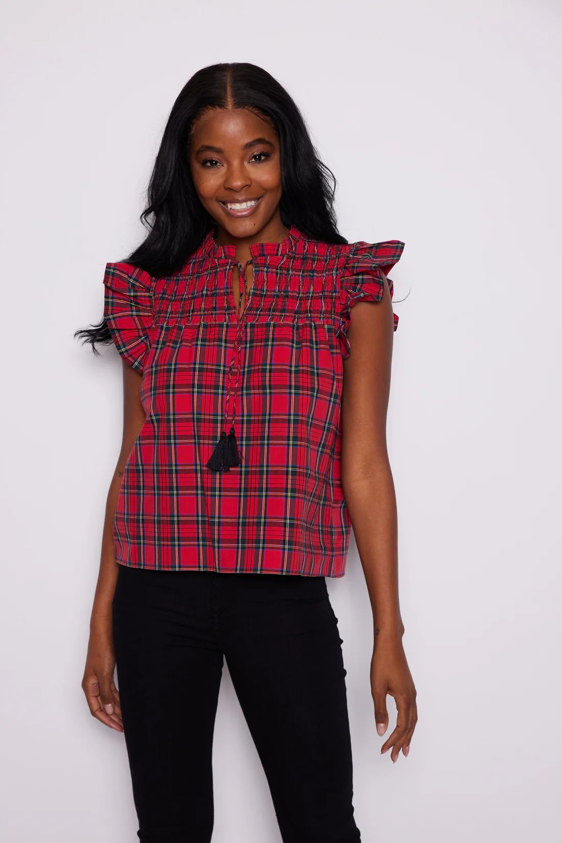 Red Tartan Flutter Sleeve Top with Tassels | Sail to Sable