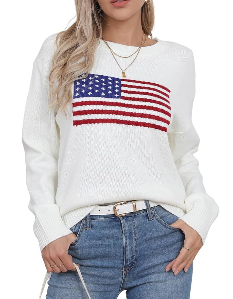 Womens American Flag Sweater Long Sleeve Crew Neck Knitted Casual Pullover Sweater | Amazon (US)