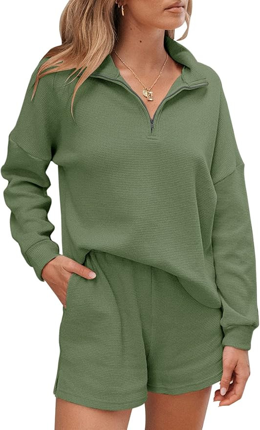 KIKIBERRY Womens Waffle Knit Lounge Set Half Zip Long Sleeve 2 Piece Pajamas Loungewear Matching ... | Amazon (US)