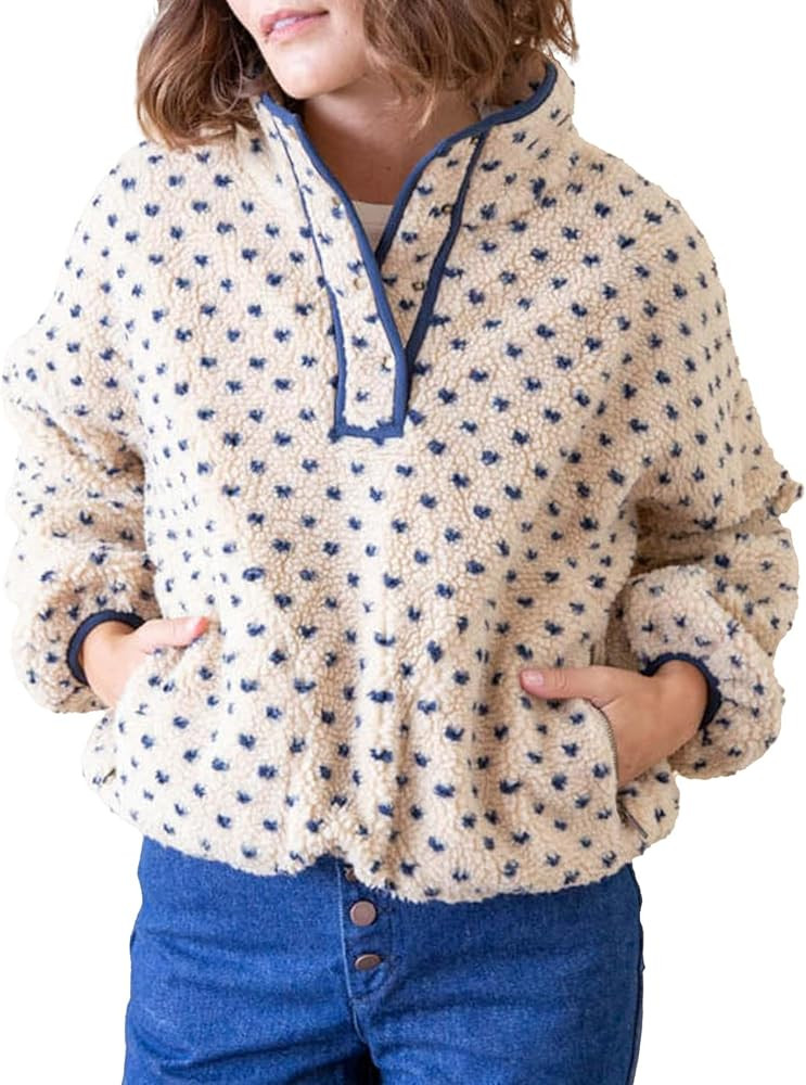 Fuzzy Fleece Jacket Women Long Sleeve Half Button Down Tops Casual Sherpa Pullover Sweatshirt War... | Amazon (US)