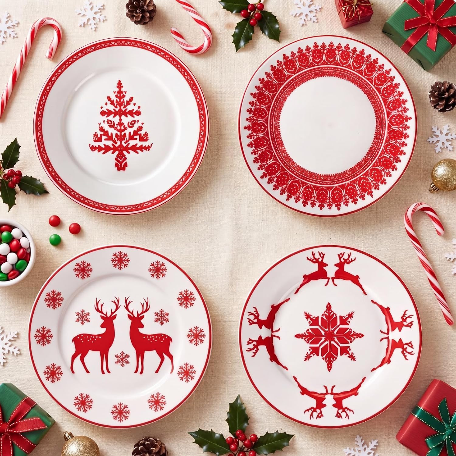 4 Pcs Red Christmas Ceramic Plates 9 Inch Salad Dish Serving Set | Amazon (US)