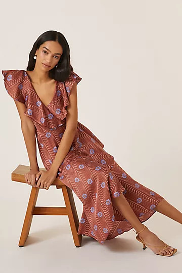 Ruffle-Sleeve Printed-Wrap Maxi Dress | Anthropologie (US)