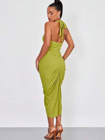 SHEIN BAE Plunging Neck Ruched Asymmetrical Hem Backless Halter Dress | SHEIN