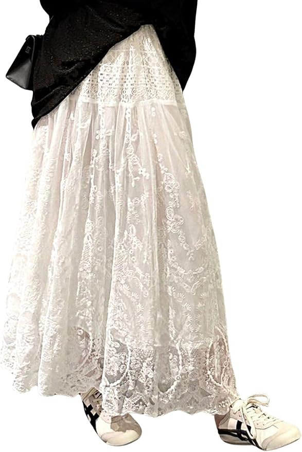 CHARTOU Women Embroidered Long Lace Maxi Skirt Sheer Tull Layered Skirt Crochet Mesh A Line Skirt... | Amazon (US)