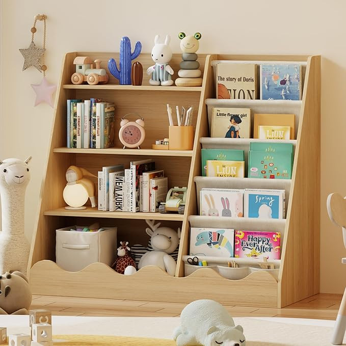4 Tier Kids Bookshelf and Toys Storage Cabinet, Solid Wood Bookcase for Kids Room, Baby Bookshelf... | Amazon (US)