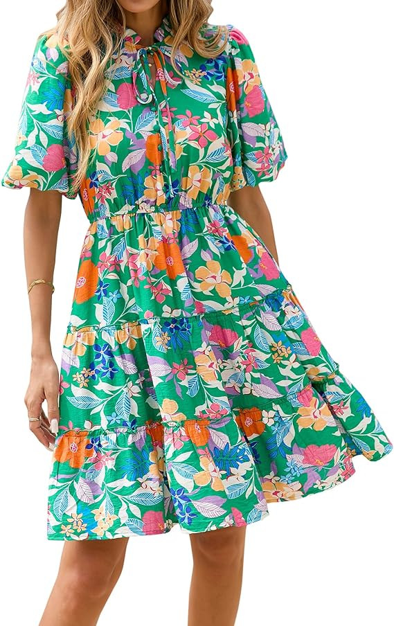 BTFBM Women Summer Floral Short Dresses V Neck Short Sleeve Tiered Ruffle Boho Swing Dress A-Line... | Amazon (US)