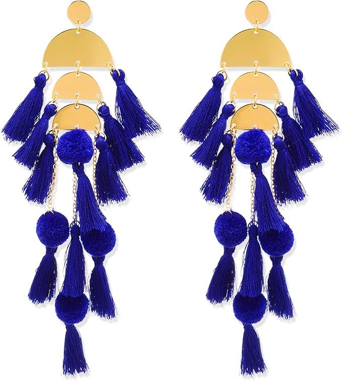 Long Tassel Earrings Statement Fringe Drop Bohemian Earrings Big Dangle for Women Fashion | Amazon (US)