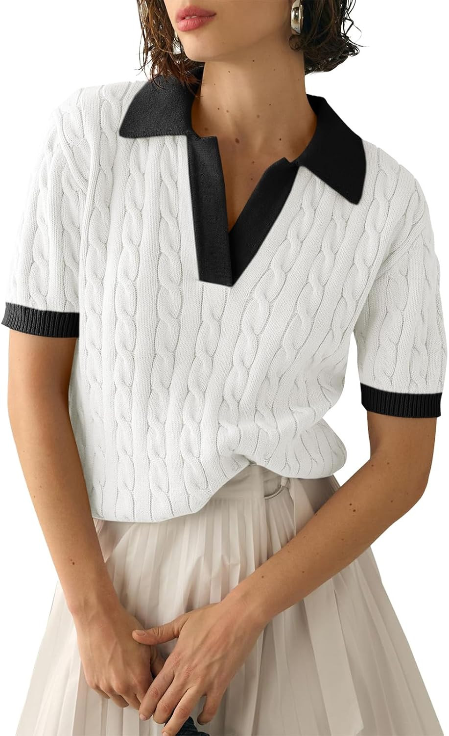 Imily Bela Womens Cable Short Sleeve Sweaters Tops Lapel V Neck Knit Shirt | Amazon (US)
