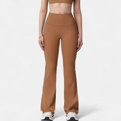 Anna-Kaci Active Women's High Waist Flared Leg Stretch Pants Smooth Fabric Seamless Waistband Active Lounge Bottoms - Medium, Brown | Target