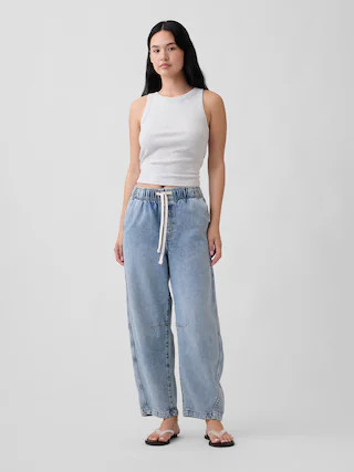 Mid Rise SuperSoft Pull-On Barrel Jeans | Gap Factory