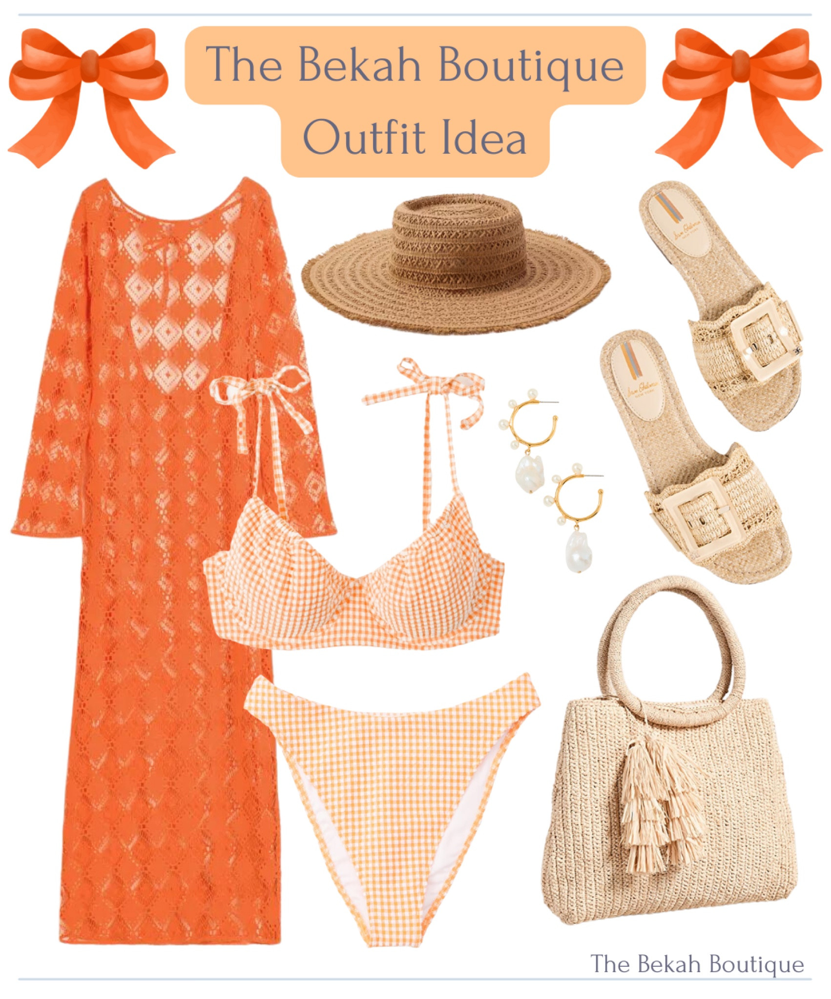Spring outfit, summer outfit, pool outfit, vacation outfit, resort wear, crochet maxi coverup, straw hat, raffia slide sandals, straw beach bag, gingham bikini, pearl earrings, swimsuit for summer, orange coverup

#LTKSeasonal #LTKsalealert #LTKFind