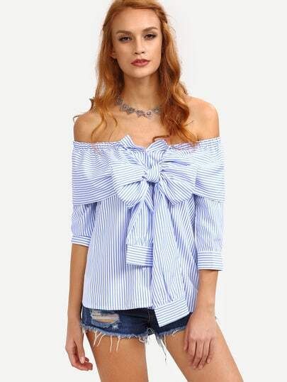 Off-The-Shoulder Faux Sleeve-Tie Striped Top - Blue | SHEIN