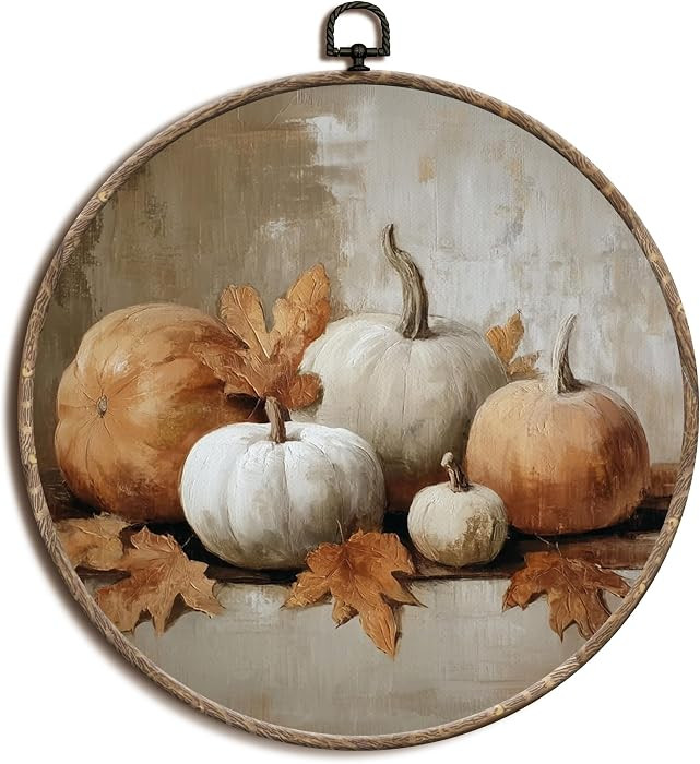 Yorhifa Vintage Fall Pumpkin Framed Wall Art, Rustic Farmhouse Round Wall Art, Muted Cottage Mapl... | Amazon (US)