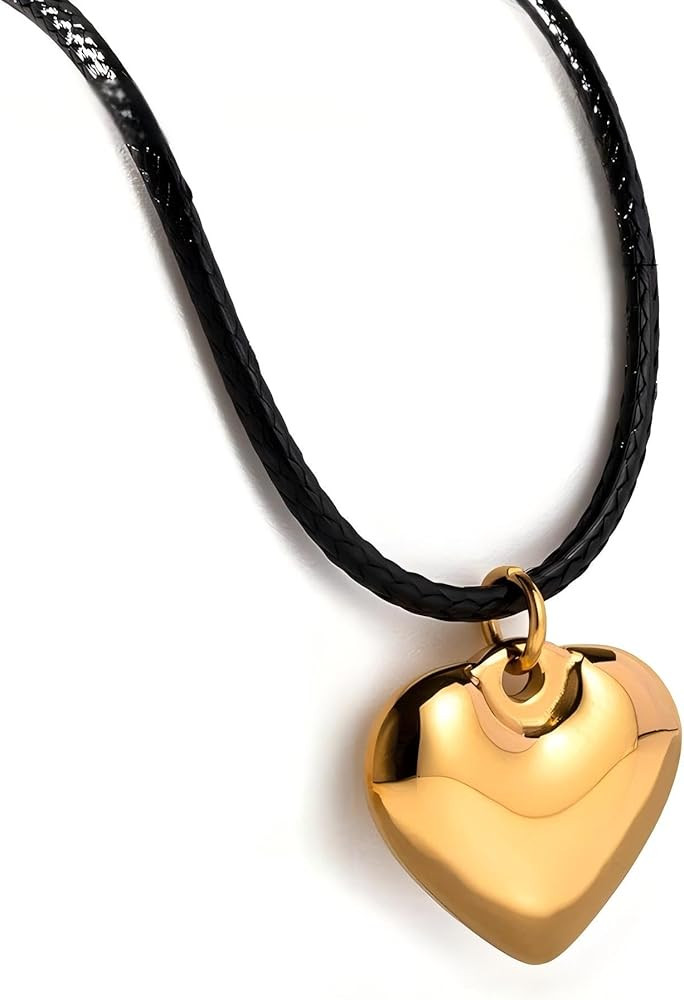 18K Gold Plated Solid Heart Pendant Necklace | Elegant Hypoallergenic Black Wax Rope Necklace | I... | Amazon (US)