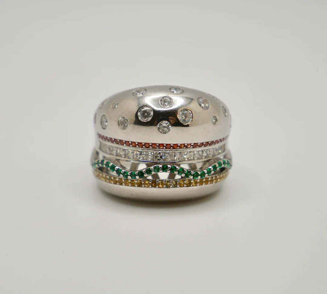 18K White Gold Plated Hamburger or Veggie Burger Ring | Etsy (US)