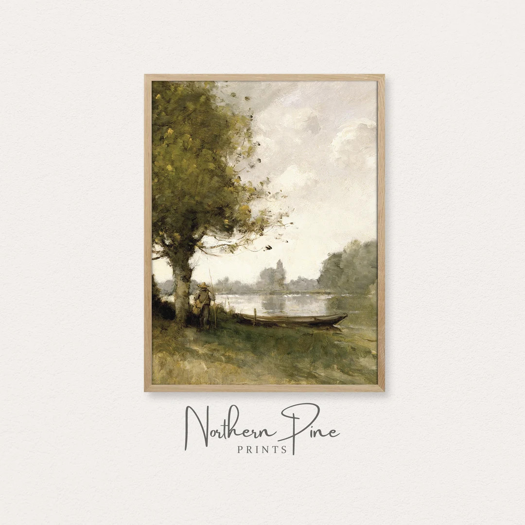 Rustic Boat Print | Vintage Fishing Oil Painting | Antique Lake House Wall Art | Farmhouse Artwor... | Etsy (US)