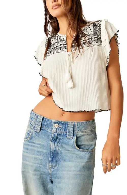Free People Sarafina Embroidered Yoke Cotton Blend Crop Top in Ivory Combo at Nordstrom, Size Med... | Nordstrom