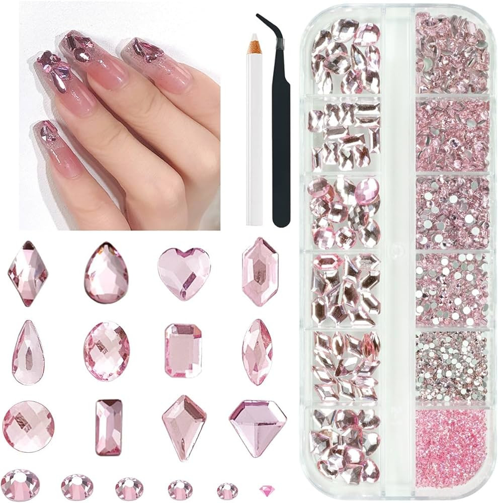 2052Pcs Pink Nail Rhinestones Light Pink Rhinestones for Nails 72 Multi Shapes Big Gems +1980 Fla... | Amazon (US)
