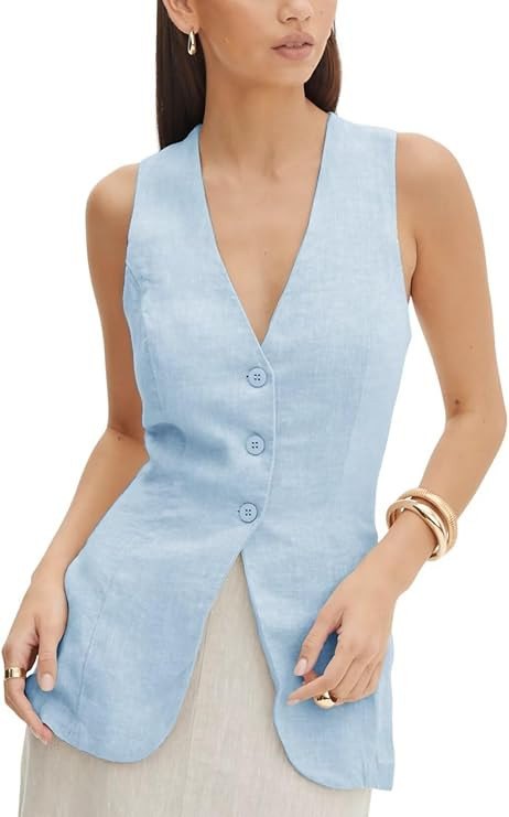 Women's Summer Linen Vest Sleeveless 3 Button V Neck Casual Beach Waistcoat | Amazon (US)