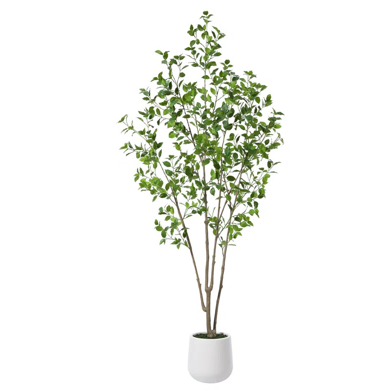 Adcock Faux Ficus Tree with Round White Planter, Pre Potted Faux Greenry Ficus Plant for Home Dec... | AllModern
