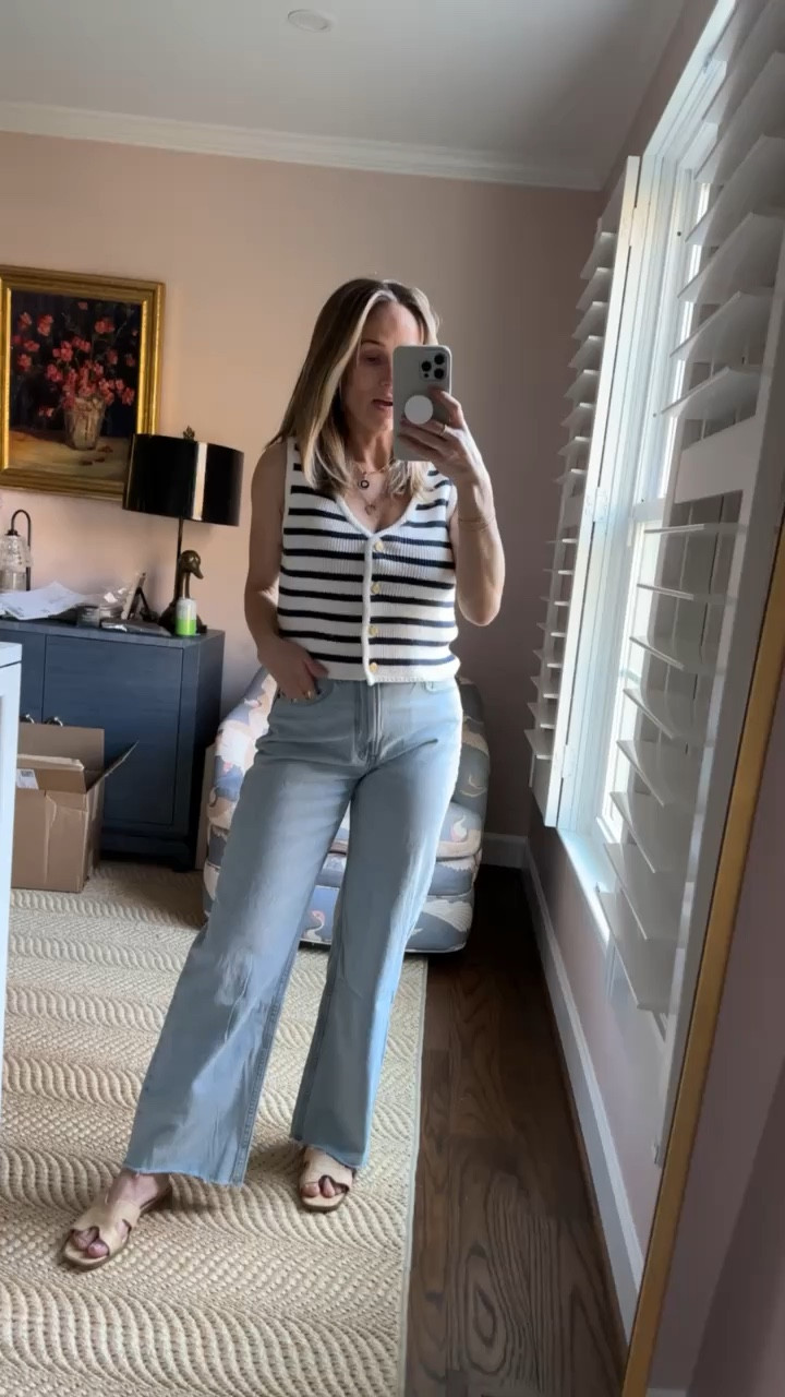 Cutest spring outfit. This sweater vest is a size SMALL and fits perfectly. Nursing-friendly too! The jeans are a 26 Short, and I am going to swap for the Curve Love so that there’s a little more room in the glutes. Sandals are Target — go down a 1/2 size. 

#LTKfindsunder100 #LTKSeasonal #LTKstyletip