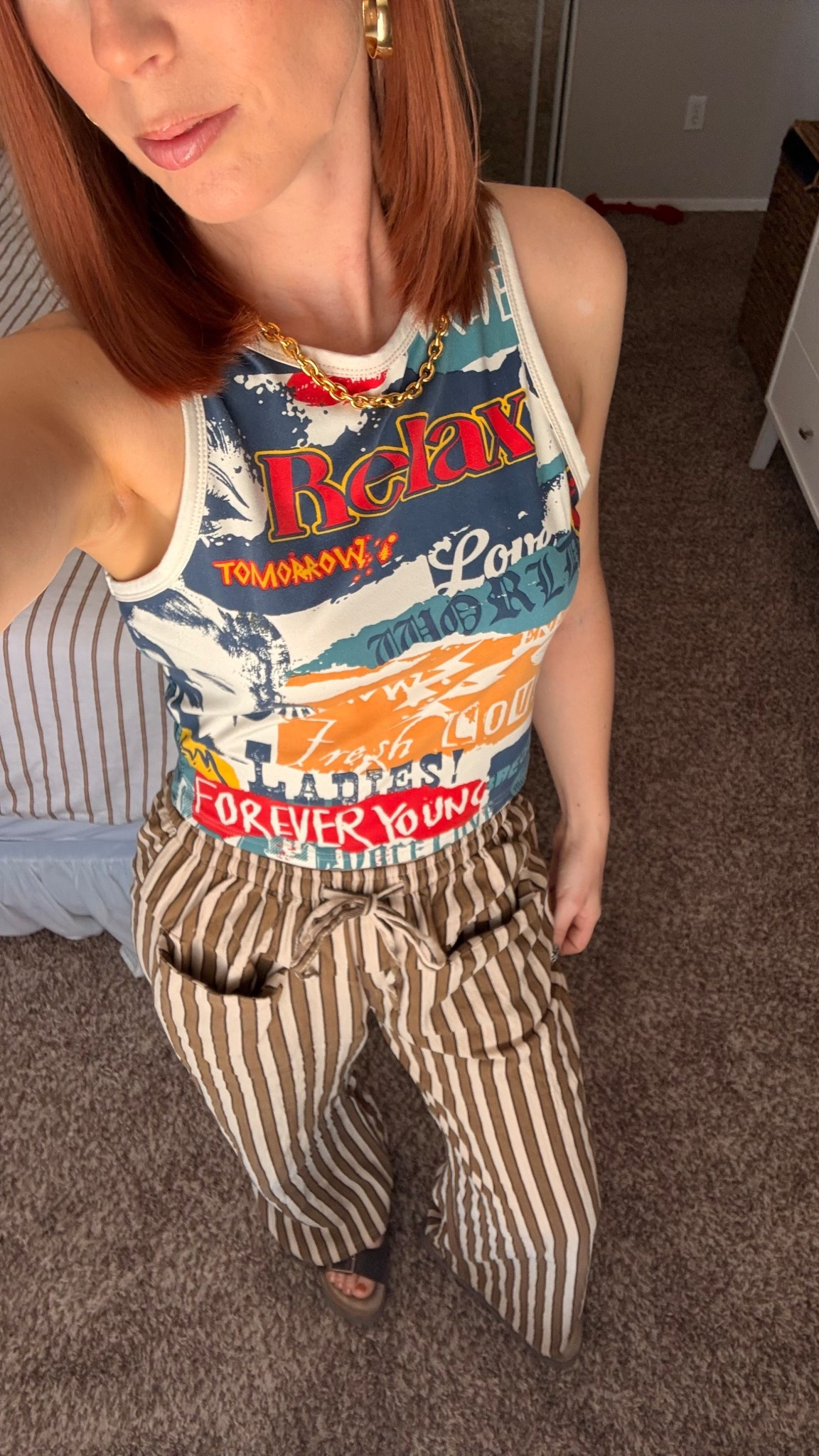 Tank size medium but should have gone with my regular size small as it kind of sticks out on the side armpit holes.

Striped pants with front pockets sized down to a small as they run big!

Platform cork sandals true to size.

Gold necklace is part of a set on Amazon. 



#LTKPetite #LTKootd #LTKgrwm