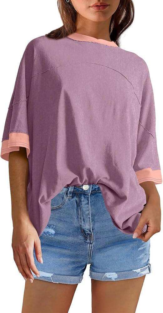 Panadila Womens Oversized Tshirts Colorblock Tops Crew Neck Short Sleeve Shirts Summer Athletic B... | Amazon (US)