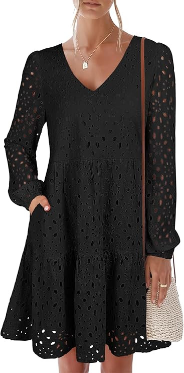 ANRABESS Long Sleeve V Neck Dresses for Women Eyelet Hollow Out Business Casual Tiered 2025 Fall ... | Amazon (US)