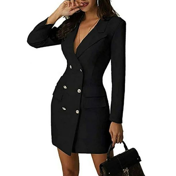 Musuos Women Blazer Dress, Double Breasted V-Neck Office Dresses Slim Trench Coat Windbreaker - W... | Walmart (US)