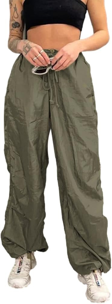 WOBONIU Women Low Waist Baggy Cargo Pants Indie Aesthetic Drawstring Loose Pocket Jogger Trousers Hi | Amazon (US)