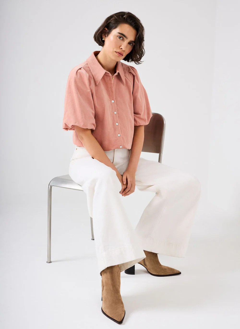 Pink Corduroy Puff Sleeve Shirt | Mint Velvet
