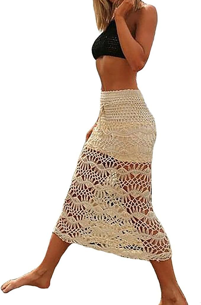 WenHong Women's Swimsuit Cover up Knit Crochet Maxi Skirt Beachwear Swimwear Off White | Amazon (US)