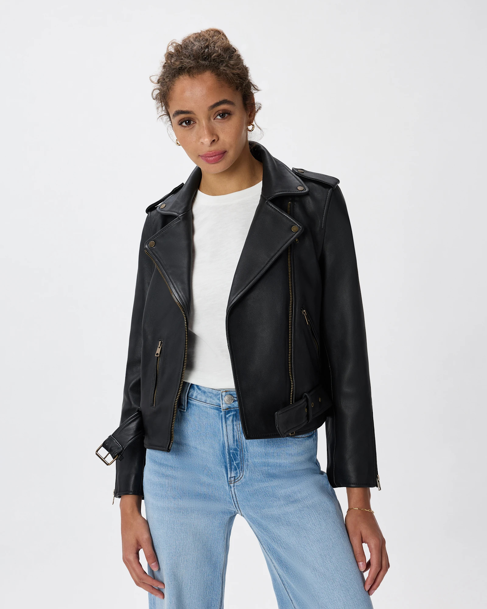 Quince | Women's Motorcycle Jacket in True Black/Brass Trim, Size Small, Leather | Quince
