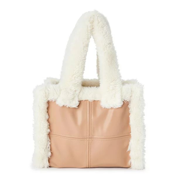 No Boundaries Women's Square Sherpa Tote Bag Tan Off-White- Small - Walmart.com | Walmart (US)