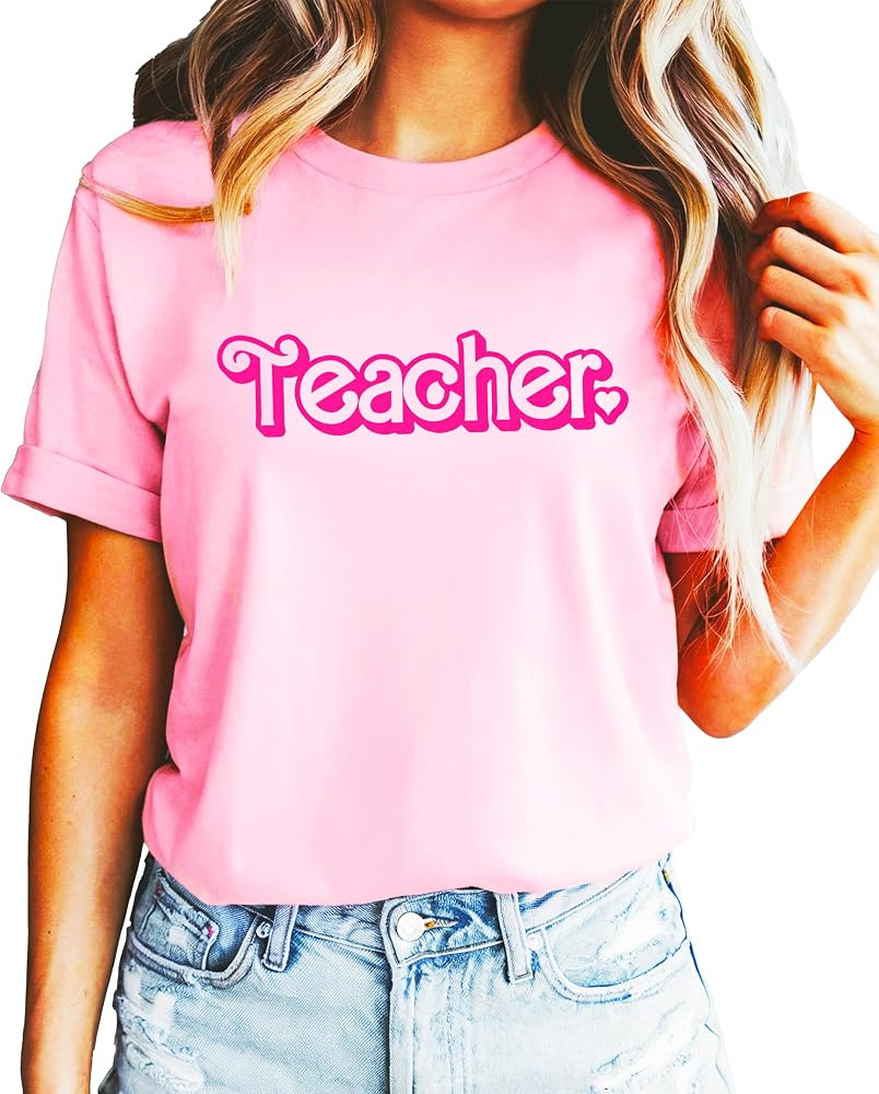 Olive Loves Apple Pink Teacher Shirt with Heart for Women Trendy Graphic Tee for Adult Teachers | Amazon (US)