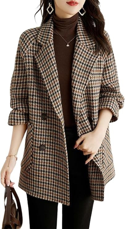 utcoco Womens Notched Lapel Pea Coat Double Breasted Blazer Jackets Houndstooth Woolen Blend Over... | Amazon (US)