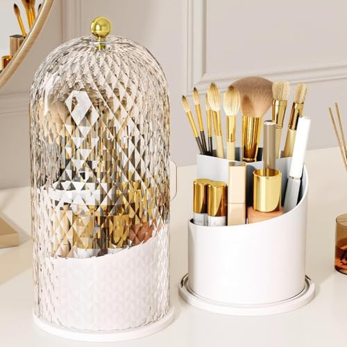 RONGZHIERK Makeup Brush Holder with Lid，Makeup Brush Storage Box with Diamond Pattern，360 Rotating Waterproof and Dustproof Beauty Brushes Storage for Vanity Bathroom,White | Amazon (US)
