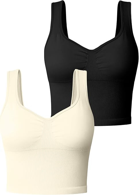 OQQ Women' 2 Piece Tank Tops Seamless Workout Exercise Shirts Padded Sports Bra Yoga Crop Tops | Amazon (US)