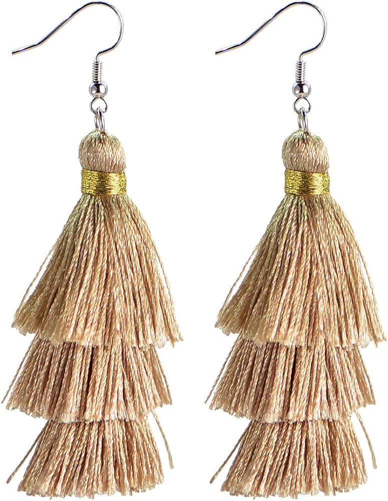 AD Beads Fashion Charm Crystal Silk Tassel 3 Layers Fan Fringe Dangle Earrings designer costume j... | Amazon (US)