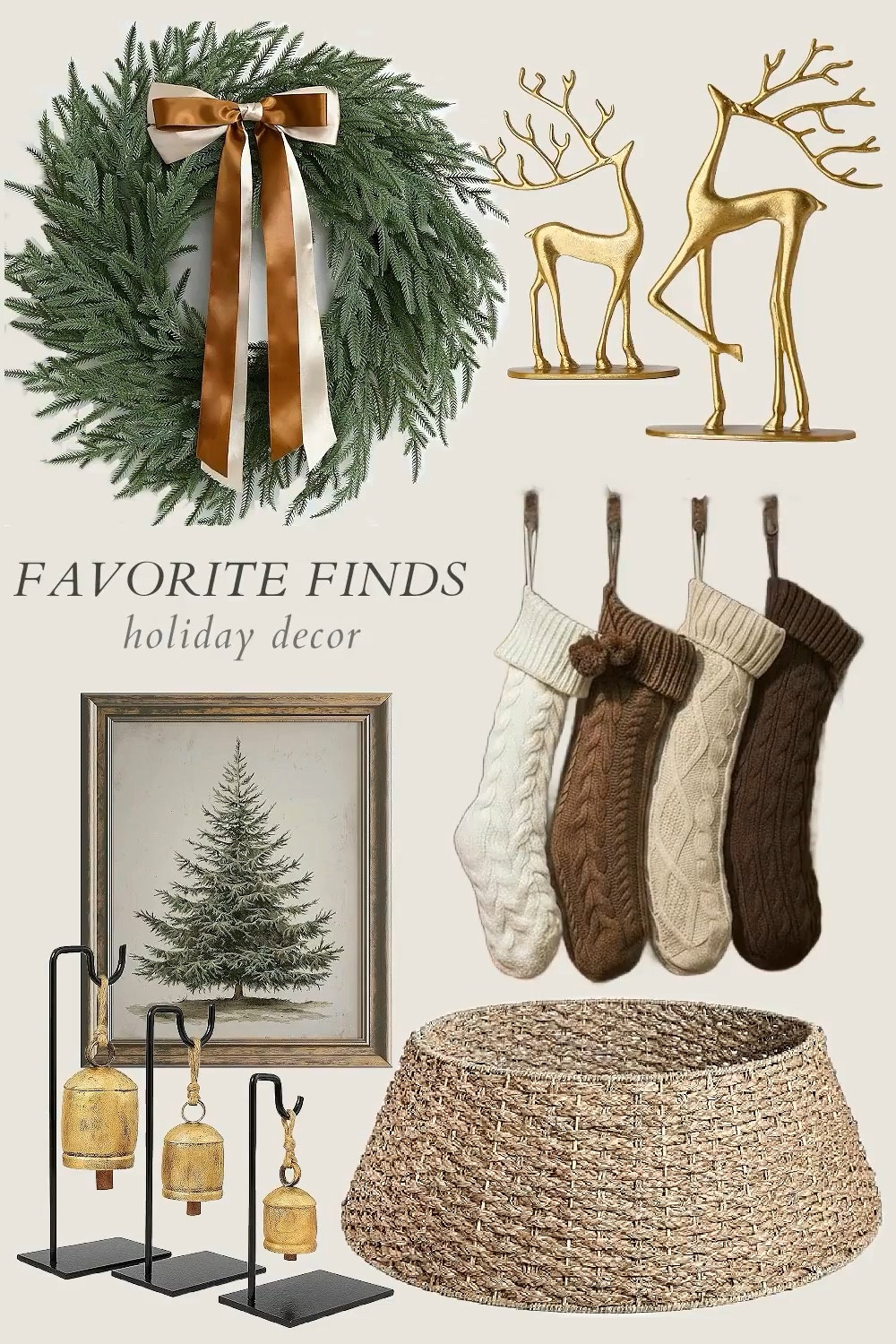 Some of my favorite holiday decor from Amazon perfectly curated for a festive display! hanging metal bell, plaid, stockings, pinecones, wreath, ornament, velvet ribbon, jingle bell, houses, candle holder, candles, Christmas tree, tree collar, artwork, reindeer#LTKStyleTip 

#LTKSeasonal #LTKHome