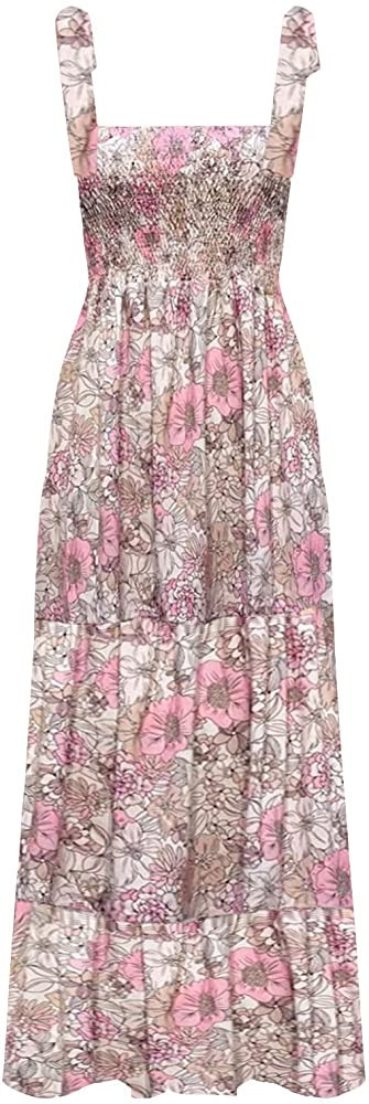 kinstell Women's Summer Boho Spaghetti Strap Square Neck Ruffle Casual Flowy Long Dress Beach Swi... | Amazon (US)