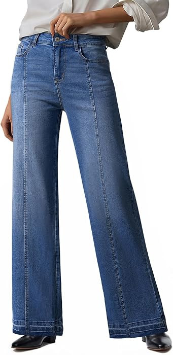 EVALESS Womens Jeans Trendy High Waist Straight Leg Wide Leg Frayed Baggy Raw Hem Boyfriends Stre... | Amazon (US)