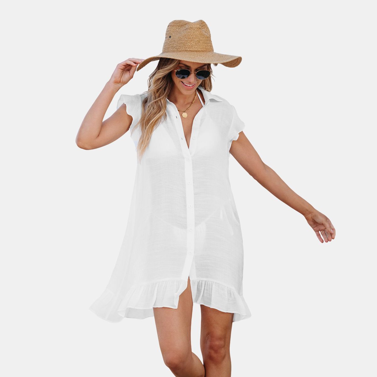 Women's Sheer Button-Up Collared Ruffle Mini Cover-Up - Cupshe | Target