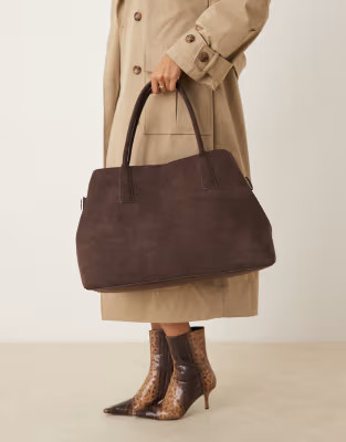 Gina Tricot faux suede large tote with buckle belt side detail in dark brown | ASOS (Global)