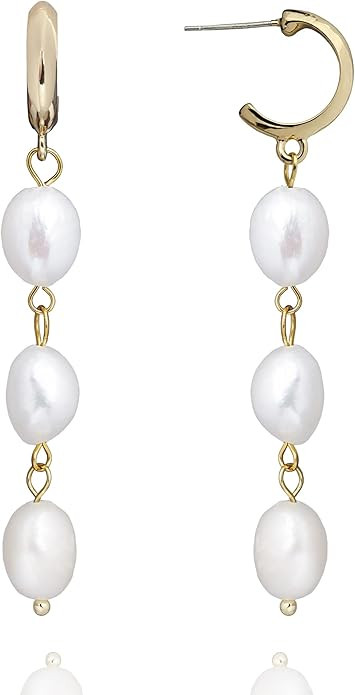 Pearl Dangle Drop Earrings for Women, Long White Pearl with Sterling Silver Post Sensitive Ears,G... | Amazon (US)
